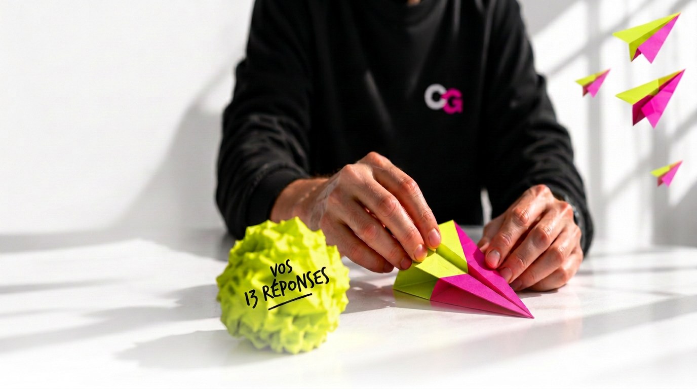 Une boulette jaune Vos 13 réponses, des mains Chapeau Gris façonnant un avion jaune et rose et quatre avions bicolores prenant leur envol sans inscription